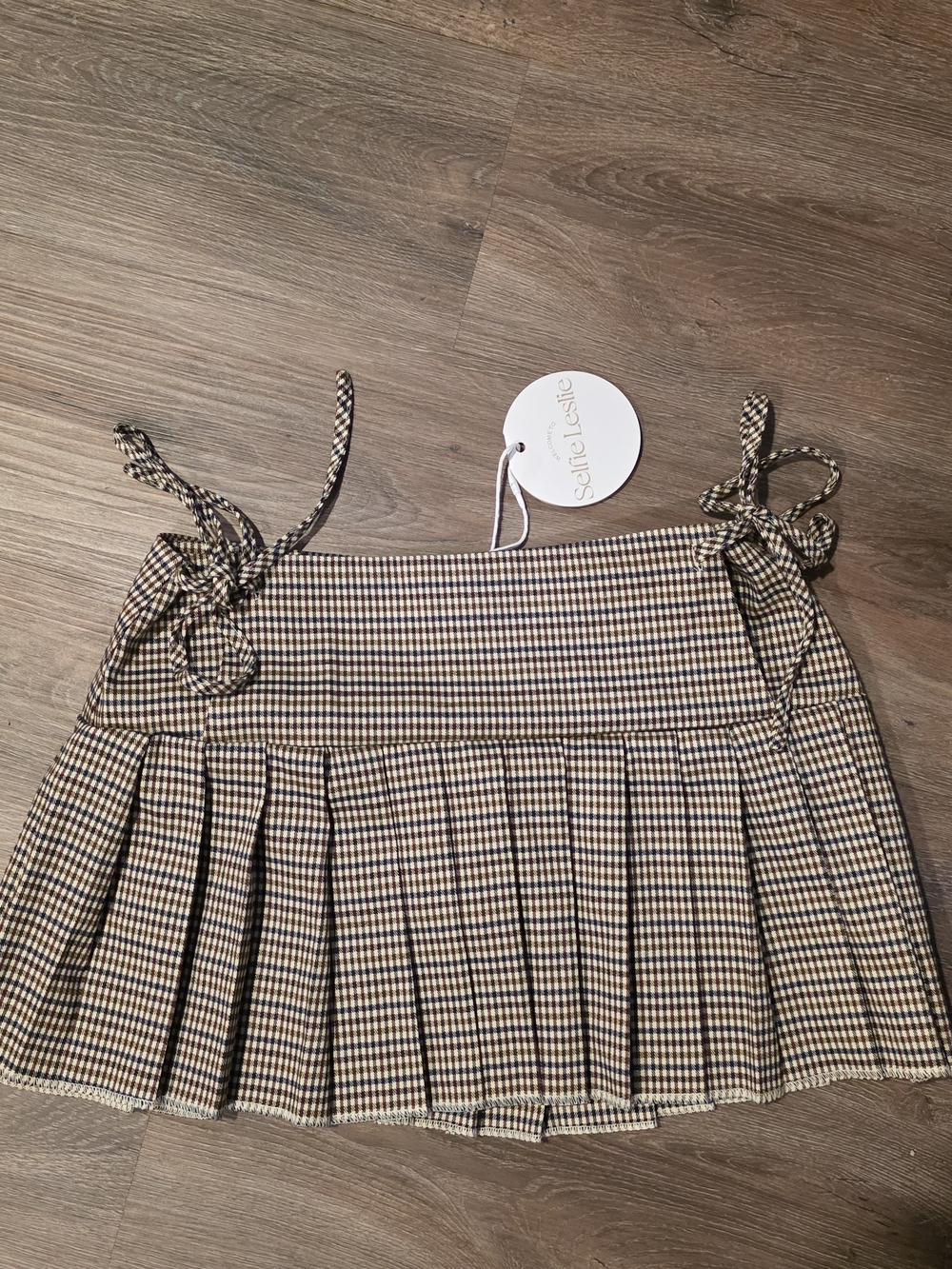 Selfie Leslie Brown Plaid Pleated Mini Skirt with Side Ties - Picture 2 of 3